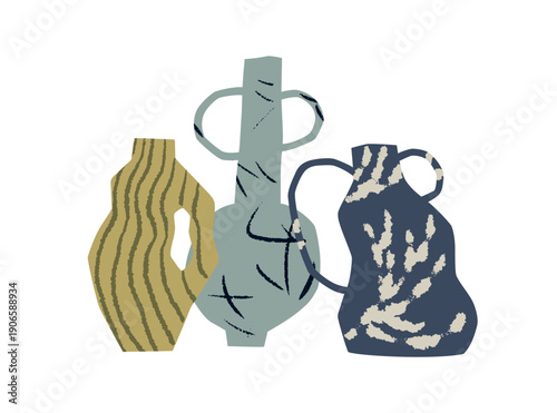 Modern vase design. Ceramic pottery, crockery, handcrafted shape and texture. Rough painted ceramics, organic natural forms. Handmade earthenware. Flat vector illustration isolated on white background