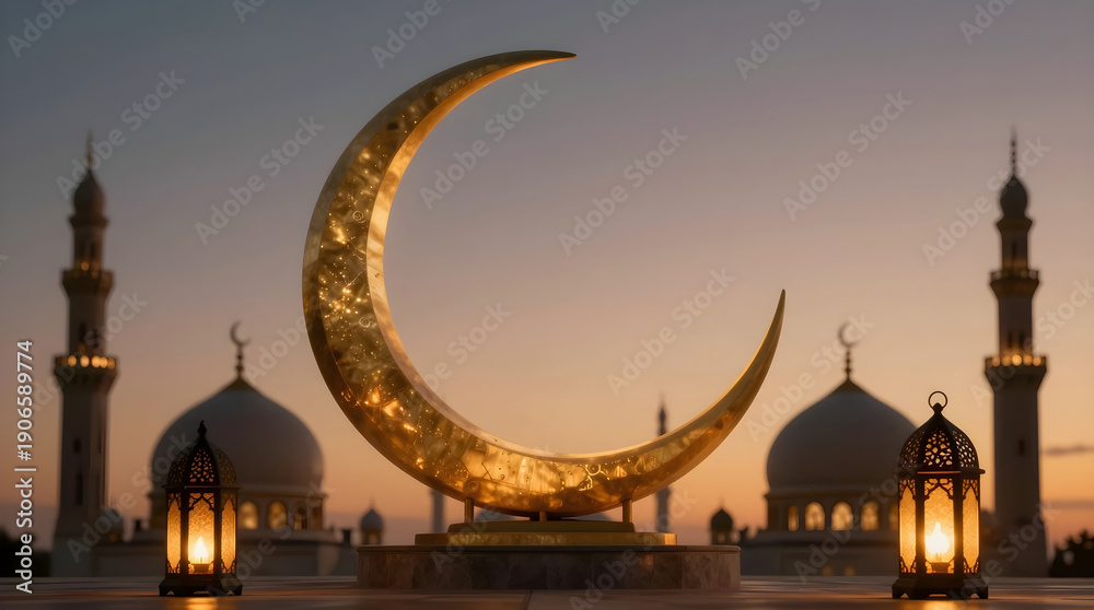 Fototapeta premium A large golden crescent moon sculpture stands in front of a mosque at sunset