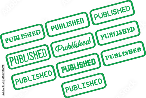 Green 'Published' stamps or labels, vector icons for mockup or overlay effect, isolated on transparent background, png