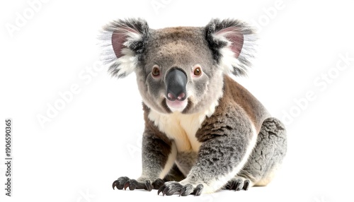 Koala sitting and looking forward on white background