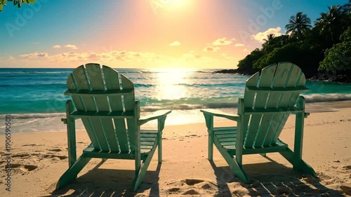 Tranquil beach scene at sunset with two wooden chairs facing the ocean and a beautiful sky