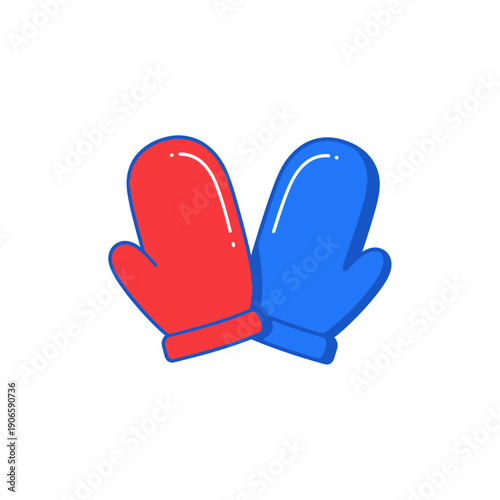 Colorful cartoon-style red and blue mittens on white background, winter clothing, pair of gloves, graphic design elements, simple flat illustration of hand coverings
