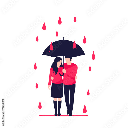 Young romantic couple sharing a tender moment under a black umbrella on a rainy day, minimalist flat design, cute cartoon style, love and relationships concept, weather and rain symbolism.