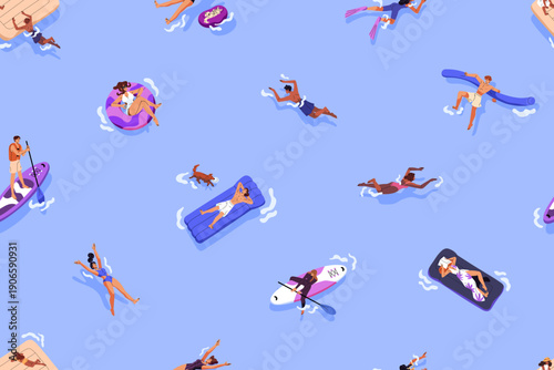 Repeatable pattern of people swimming in water from top view. Endless background of tourists floating on inflatable circles, pool rafts on sea on summer holidays. Flat seamless vector illustration