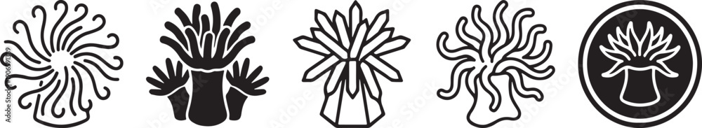 Fototapeta premium Five abstract black and white icons displayed in a row, featuring intricate designs and varying styles. Vector