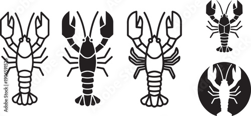 A collection of black and white pixel art style lobster icons, showcasing different design variations Vector