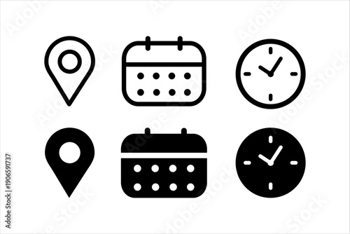 Contact and business icon set. Address location pin, calendar, and clock time icons. Thin line editable stroke symbols. Vector illustration isolated on white background.
