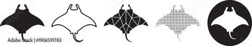 A collection of minimalist black and white icons showing different design styles of a manta ray Vector