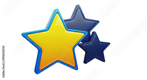 Three dimensional stars, one yellow and two blue, on a white background
