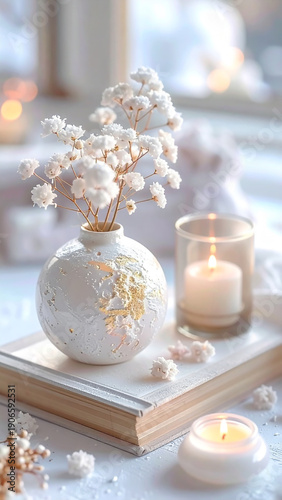 A white vase with gypsophila rests on a book next to a burning candle. A bright interior, soft bokeh, stones, and petals. The aesthetics of coziness, tranquility, and purity. A winter morning, hygge a