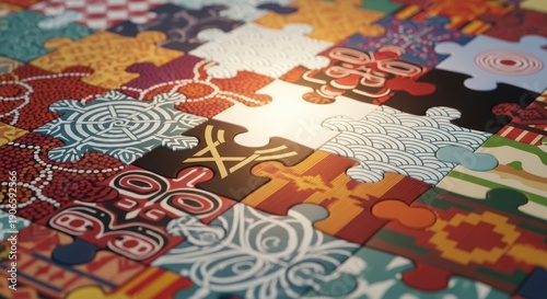 Intricate puzzle pieces with diverse patterns fit together, symbolizing connection and unity.