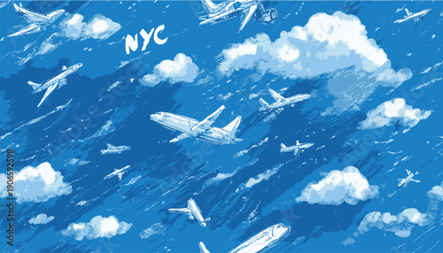 Background of planes flying over rough skyscrapers with childlike drawings, vector art.