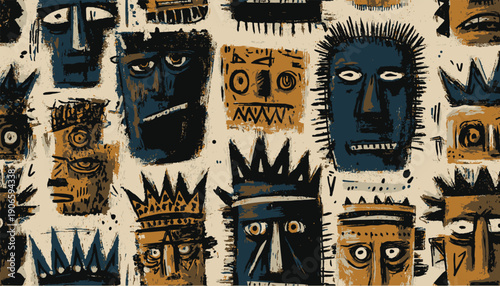 Tribal mask motifs and primitive faces background, vector art.