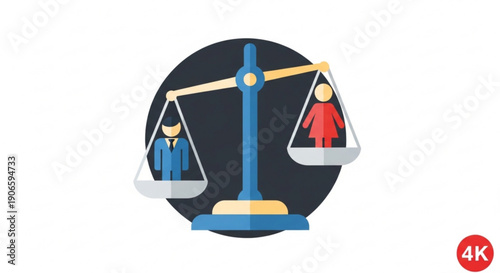 Balanced scales with businessperson and woman on either side symbolizing equality and fairness in a professional setting with a dark background