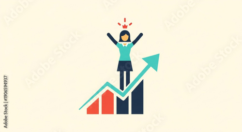 Woman celebrating success on growing business graph with rising arrow