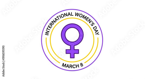 International women's day logo with purple and yellow circles and march 8 date