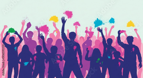 Colorful silhouettes of people celebrating with paint vibrant festival atmosphere joyful crowd with raised hands and colorful powder fun and lively scene