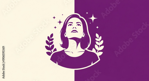 Woman with leaves and stars on purple and beige background illustration symbol icon mystic magical feminine dreamy inspirational