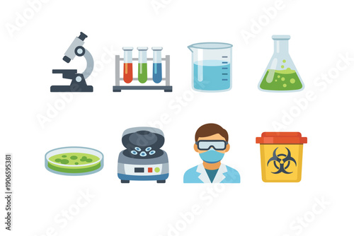 Set of laboratory science icons featuring microscope, test tubes, beaker, flask, petri dish, centrifuge, masked researcher, biohazard bin