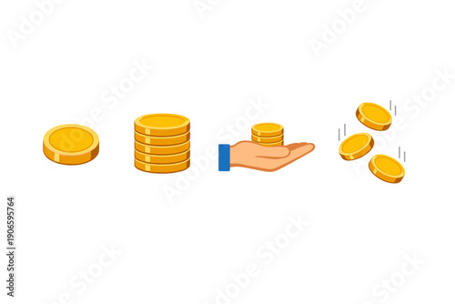 Illustration of gold coins stacking into a pile, a hand holding a coin stack, and falling coins representing saving, wealth, and profit growth
