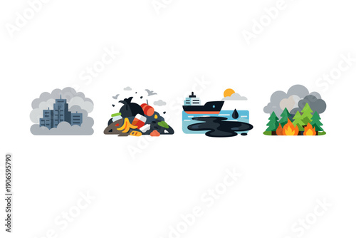Set of environmental disaster icons showing urban smog, garbage pollution, offshore oil spill from a tanker, and a forest wildfire with heavy smoke