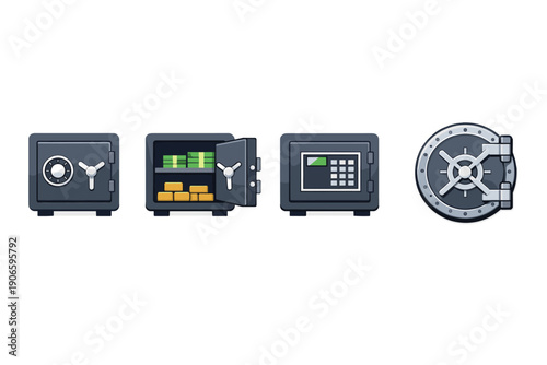 Set of secure vault and safe icons, including combination dial, open safe with cash and gold bars, keypad lock, and round bank vault door