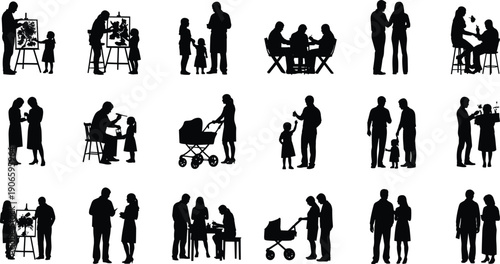 Black silhouette collection of people in various lifestyle activities including painting with children parenting with strollers dining and social interactions isolated on white background