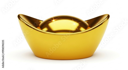 Golden prosperity coin bowl on white background symbolizing wealth and good fortune