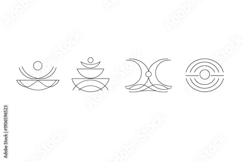 Minimal geometric line art icons set featuring abstract balanced shapes, arcs, circles, and concentric rings in monochrome outline style