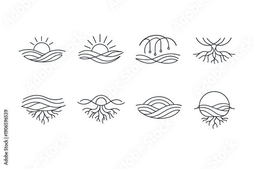 Minimalist line art set of sunrise and sunset icons over waves with roots and rain, abstract nature symbols in black outline for design