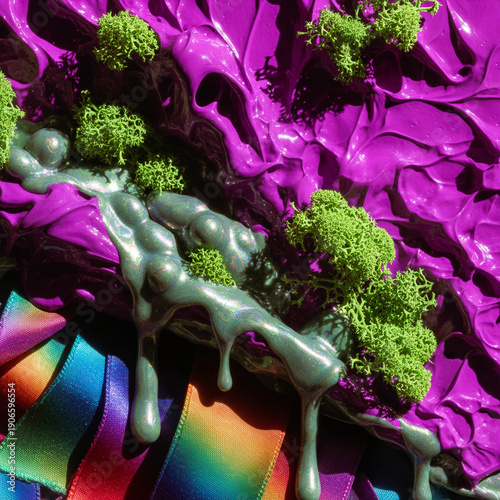 Abstract Mixed Media Artwork Featuring Thick Textured Purple Paint, Green Moss Accents, and Metallic Silver Drips with a Rainbow Ribbon Detail