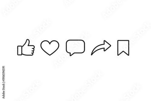 Minimal black outline social media interface icons set featuring like, heart, comment bubble, share arrow, and bookmark symbols on white background