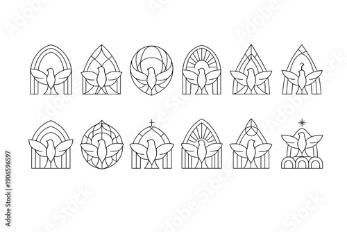 Set of minimalist line art stained glass window icons featuring stylized dove silhouettes and geometric arch frames in clean monochrome outlines