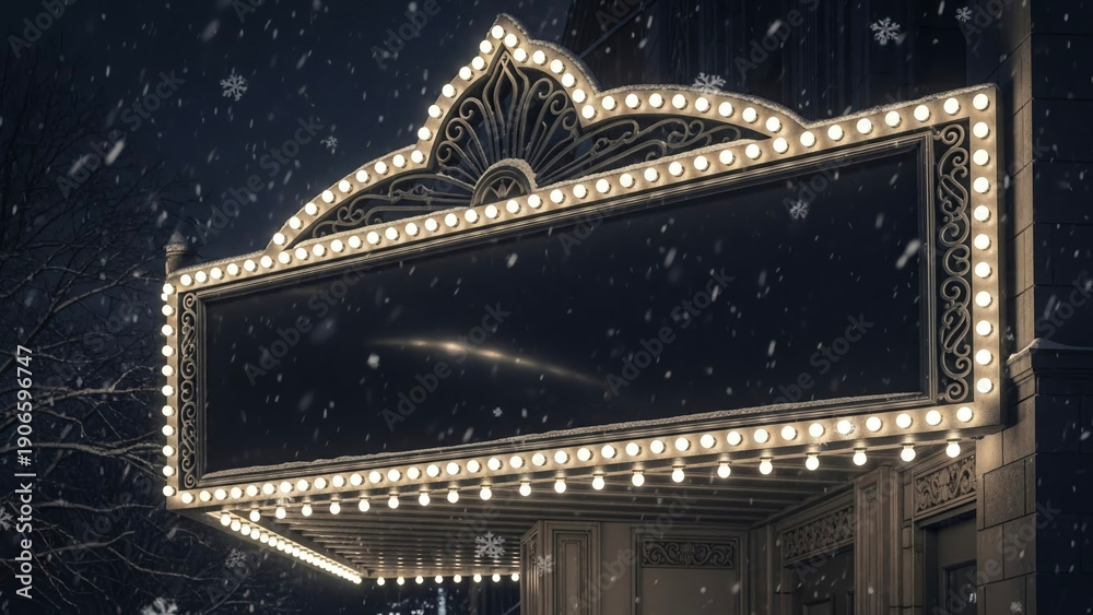 Naklejka premium Classic cinema marquee with blank space under snow at night 