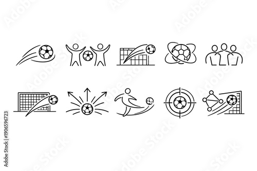 Set of minimalist line soccer icons showing ball motion, scoring goals, passing, teamwork celebration, and targeting shots in sports design