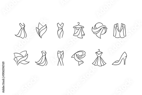 Minimal line art icons of fashion garments and accessories, including dresses, skirts, blouse, scarf, suit jacket, and high heel shoe set