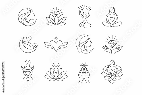 Minimal line art yoga and meditation icons set featuring lotus flowers, feminine profiles, hands, heart symbols, and spiritual wellness motifs