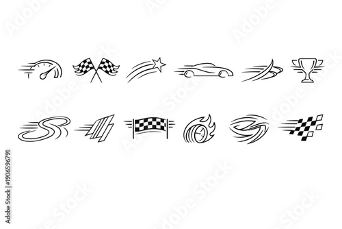 Set of minimalist racing and speed icons featuring checkered flags, sports car silhouette, motion swooshes, trophy, track, and flame symbols