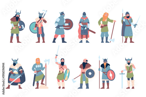 Viking warrior characters. Scandinavian vikings in traditional clothes, beards, armors and weapons. North warriors, flat historical heroes, recent vector set
