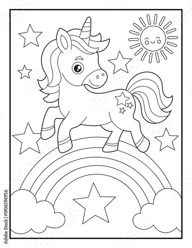 
Cute Unicorn Standing on Rainbow with Smiling Sun Coloring Page for Kids. Simple Black and White Bold Outlines for Toddlers
