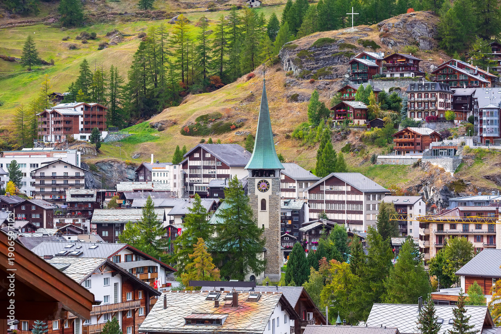 Fototapeta premium Zermatt, Switzerland aerial view, autumn