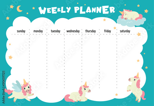 Cute weekly planner. Planning days at week, cute daily with cartoon unicorns. Time management, page for notes day by day, empty classy vector template