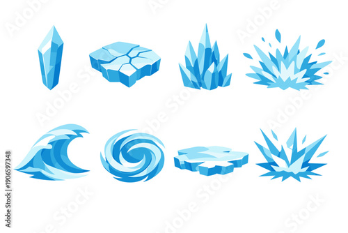 Set of blue icy game elements including crystal shard, cracked ice platforms, frost spikes, snowburst effects, wave and swirl icons on white