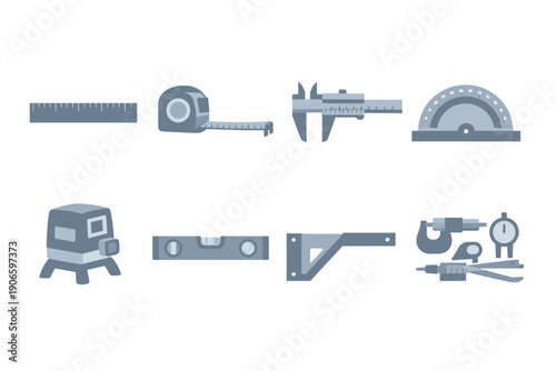 Set of measurement and construction tools including ruler, tape measure, caliper, protractor, laser level, spirit level, bracket, micrometer