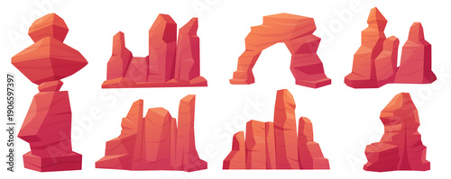 Desert stones. Canyon, rock formations, natural mountain landscape elements. Isolated sand mountains or rocks. Sunburned wild cliff, nowaday vector set
