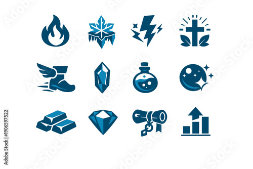 Set of fantasy game icons featuring fire, ice, lightning, holy symbol, speed boots, crystal, potion flask, magic orb, gold bars, gem, scroll, and growth chart