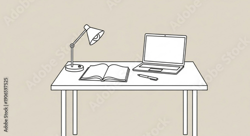 Desk with laptop book and lamp on beige background workspace setup for study or work