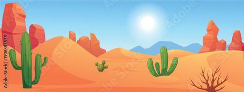 Cartoon desert landscape. Sand dunes with sunburned mountains and rocks, cactus and dry naked tree. Travel season, savannah sunny scene, nowaday vector illustration