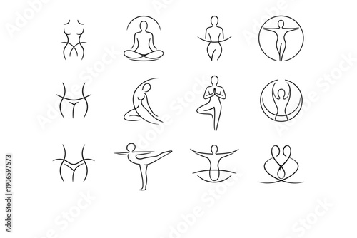 Minimal line art icons of yoga poses and female body silhouettes, abstract wellness and fitness set with meditation, balance, stretching figures