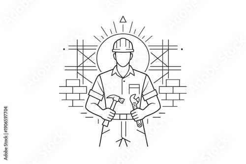 Minimal line art illustration of a construction worker holding hammer and wrench, standing in front of brick wall and scaffolding framework